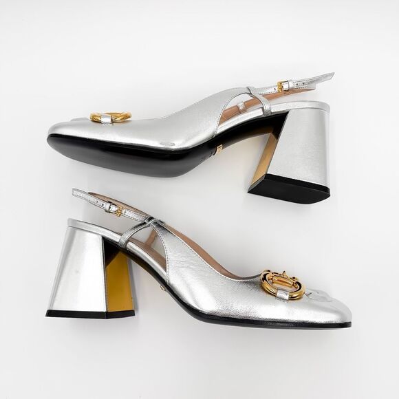 Gucci Baby Horsebit Metallic Silver Slingback Block Heels Size 37.5, 7.5 - Picture 5 of 16